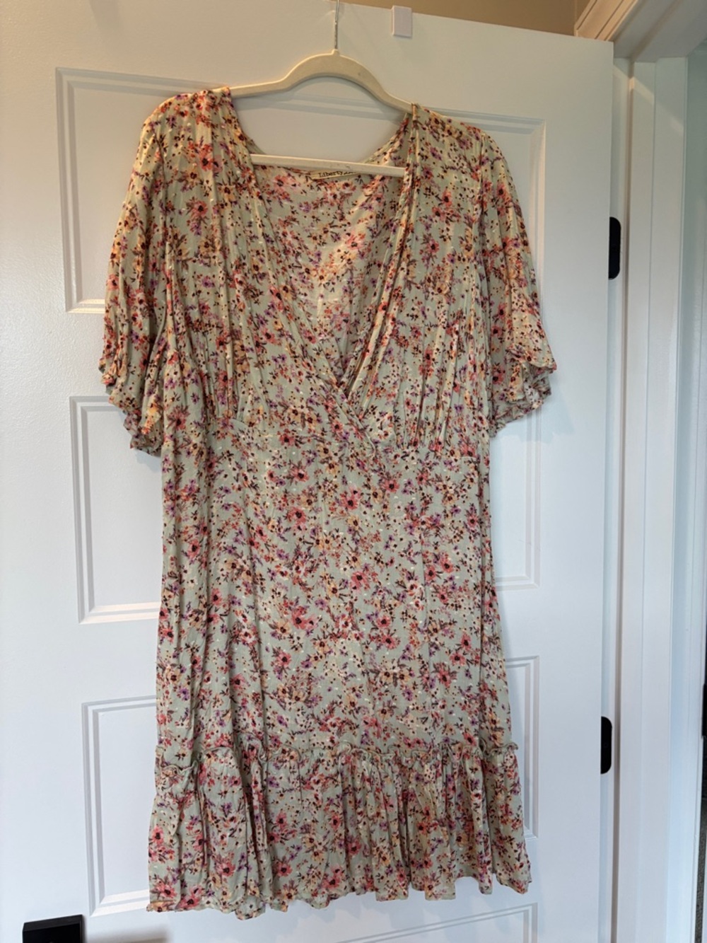 liberty Mint Floral V-Neck Dress with Pink & Purple Blossoms